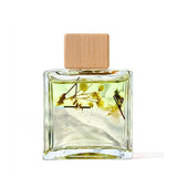 Clear glass perfume bottle with wooden cap and dried flowers inside on a white background