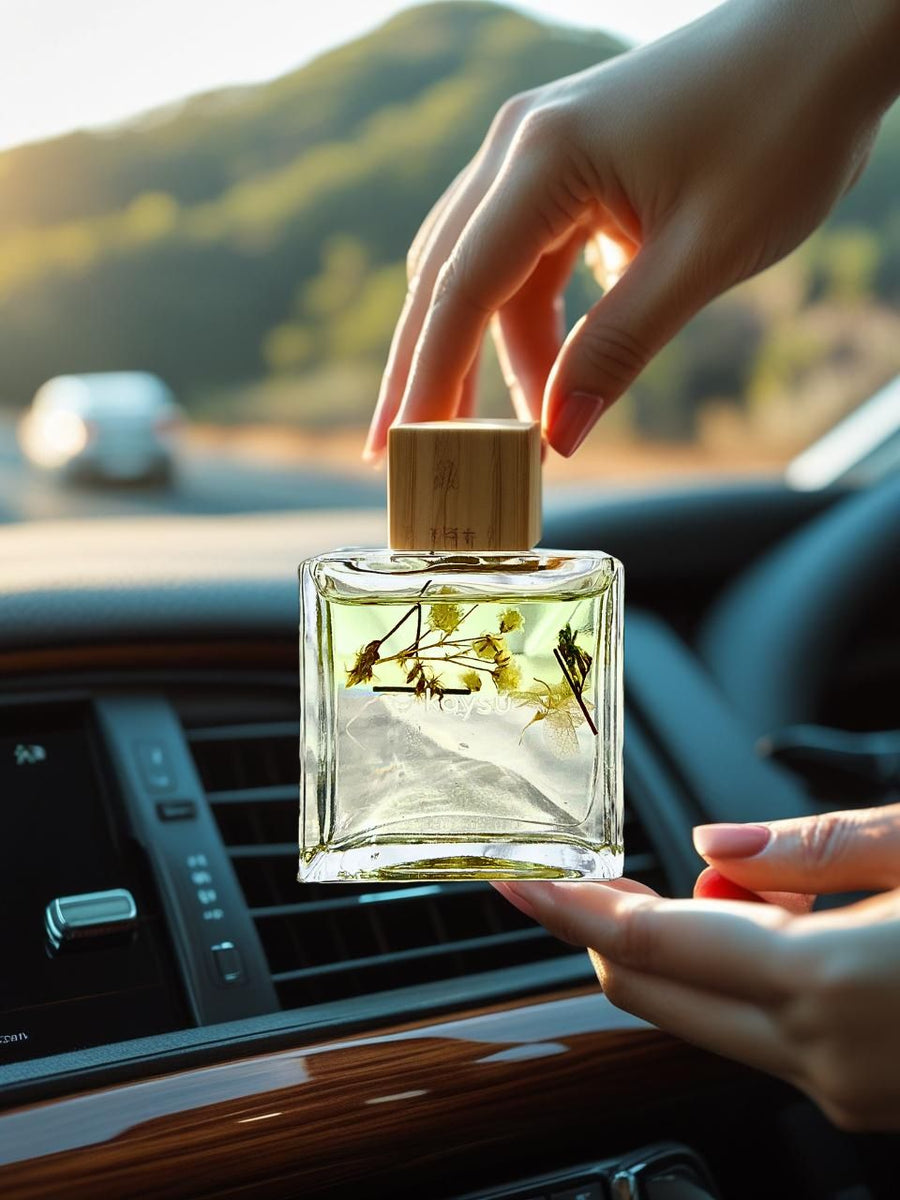 Person holding a clear perfume bottle with a wooden cap inside a car.
