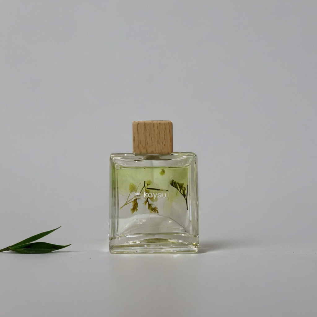 Clear glass bottle with wooden cap on a gray background