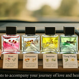 Four small bottles of Kevsu scents on a wooden surface with floral labels.
